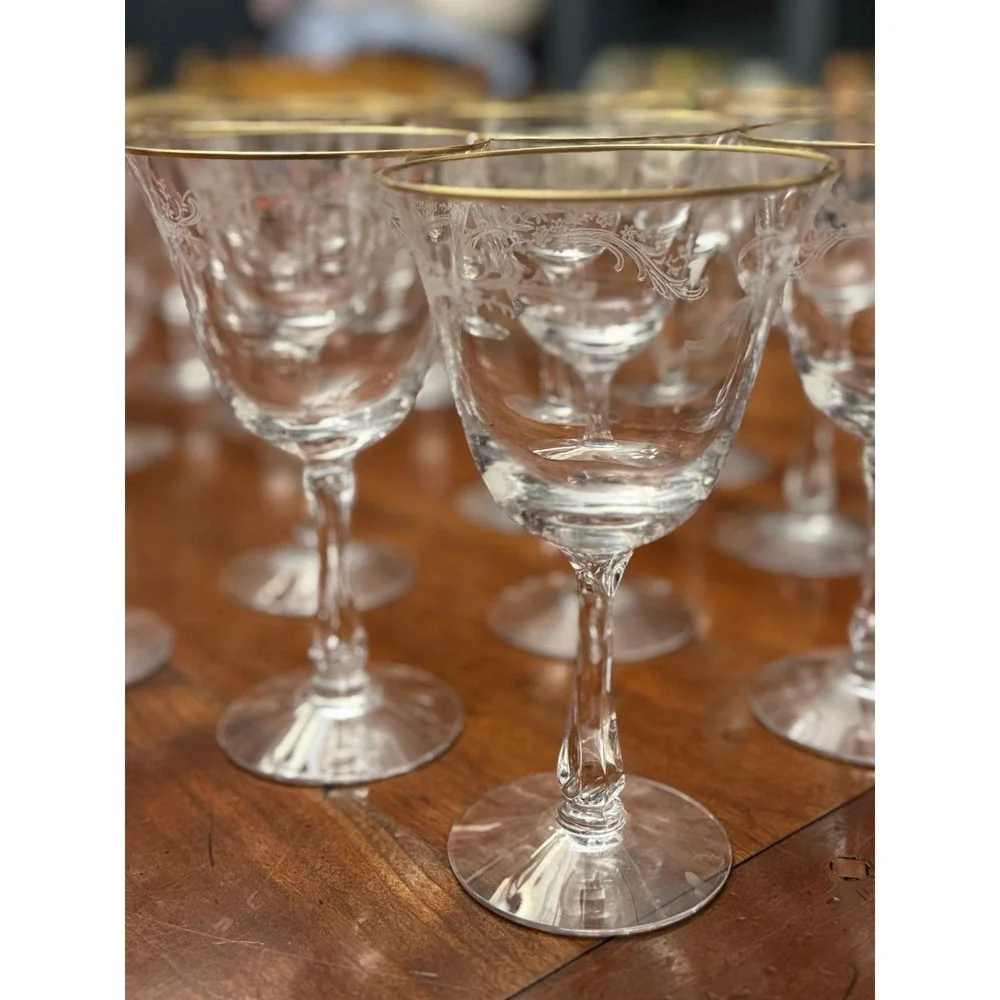 Golden Lace by Fostoria Set of 28 Iced Tea, Water, Wine, Champagne Etched w/Gold